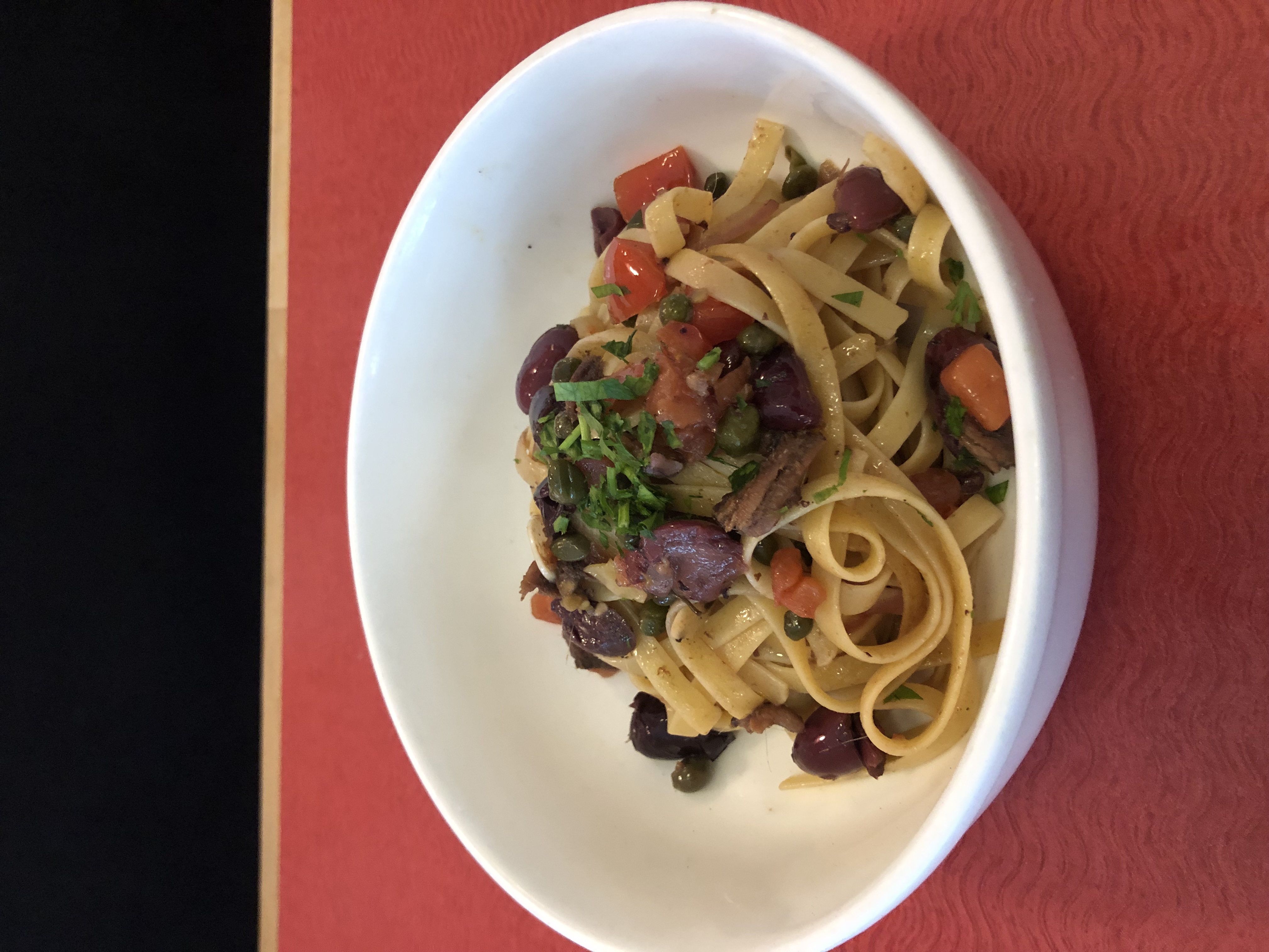 Fettuccine with Tuna capers,Kalamata olive ,diced tomatoes and olive oil