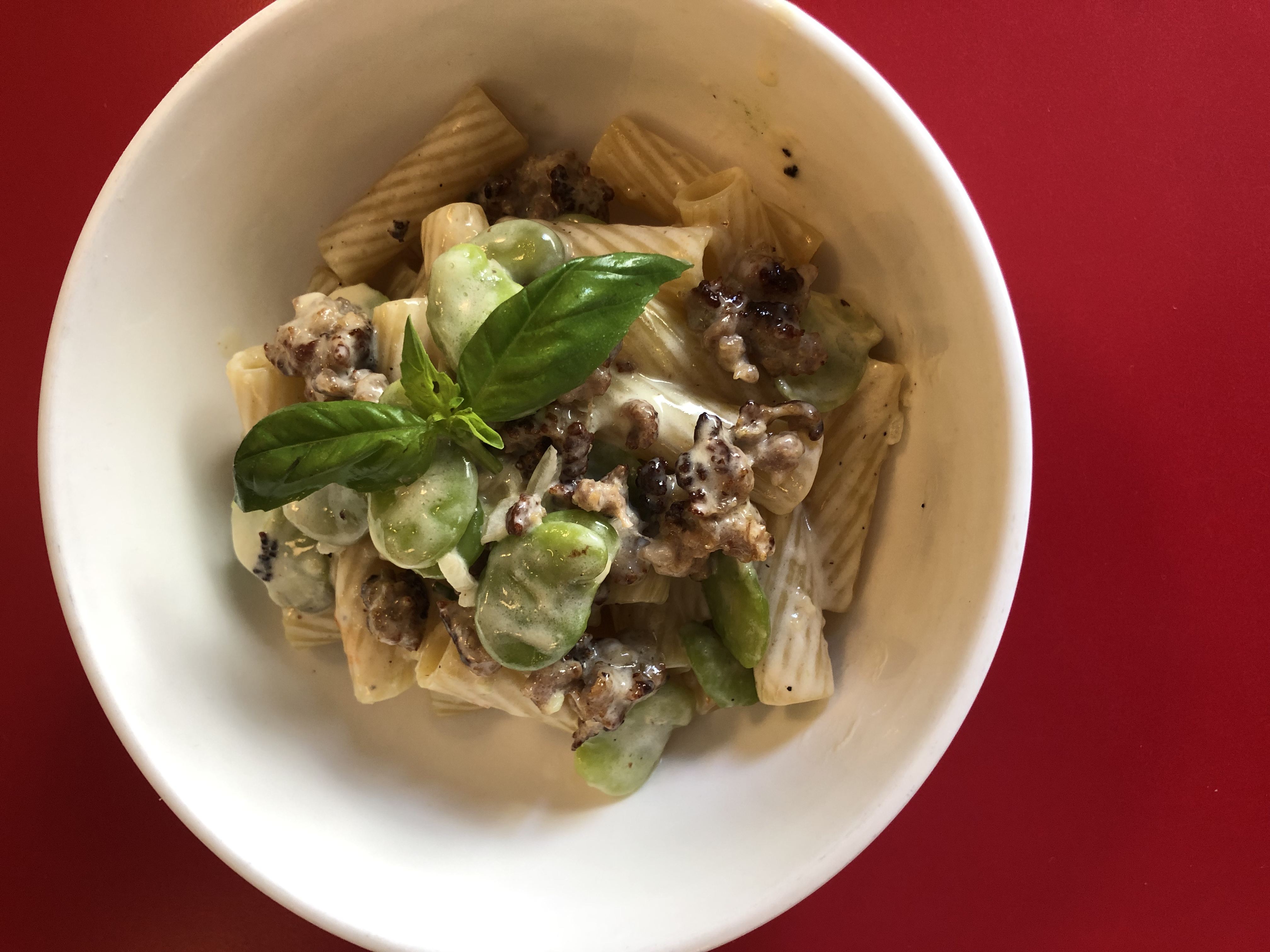 Rigatoni with Sausage Cream and fava beans.