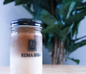 Coffee Milk Tea at Kuma Boba -served in reusable glass mason jars