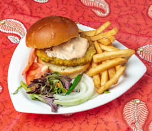 restaurant on johnson Chicken Burger with Fries