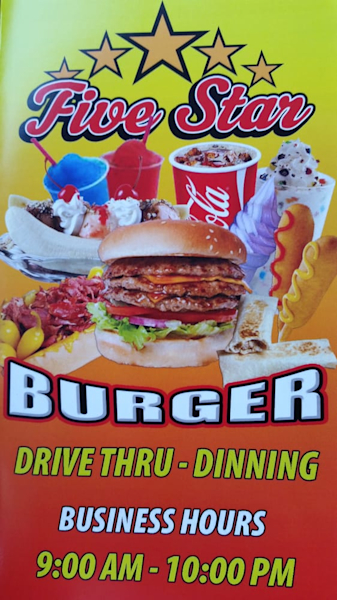 Five star sales burger menu