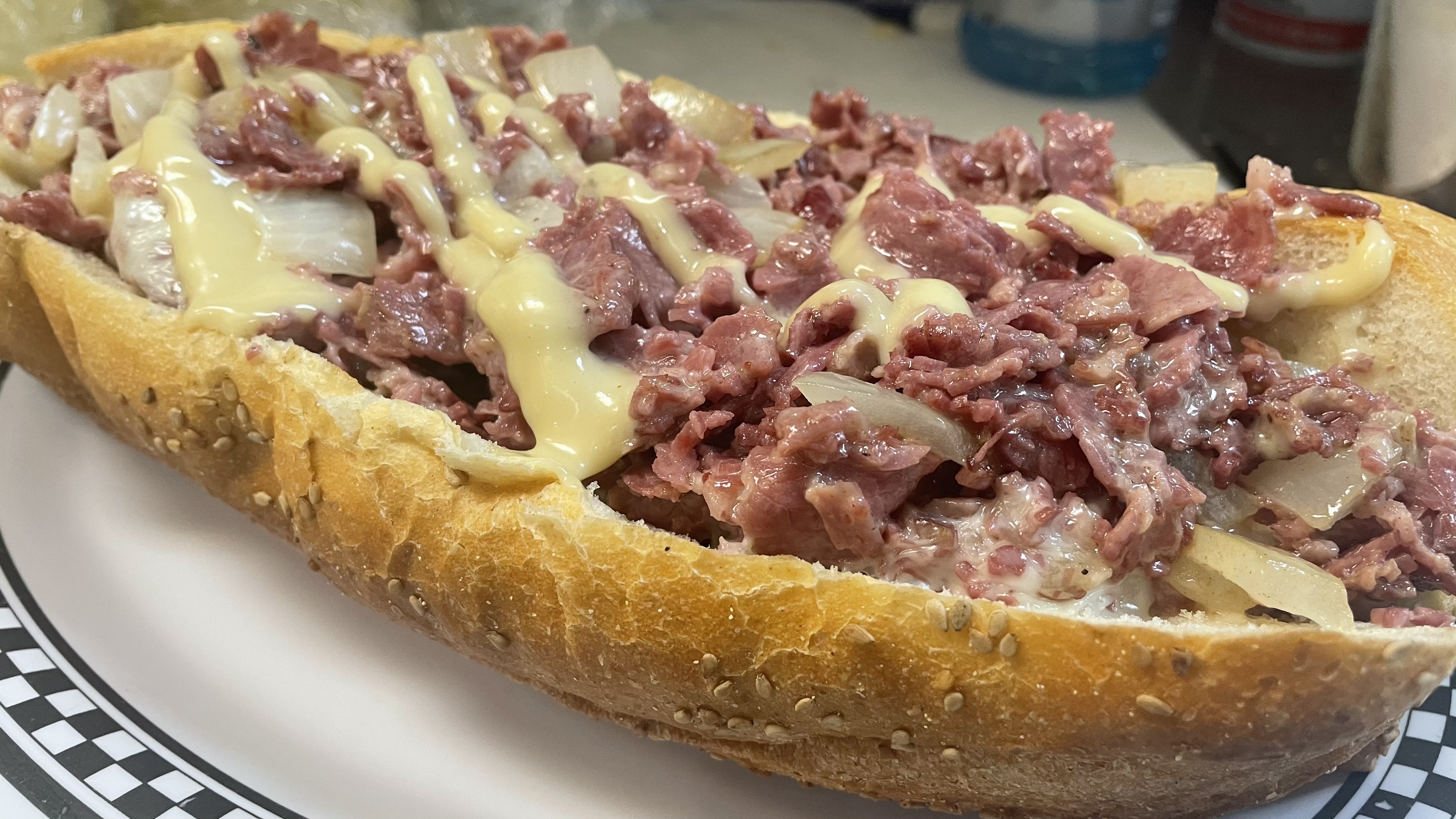 Order Honey Mustard Glazed Corned Beef Cheesesteak food online from The Kibitz Room store, Cherry Hill on bringmethat.com