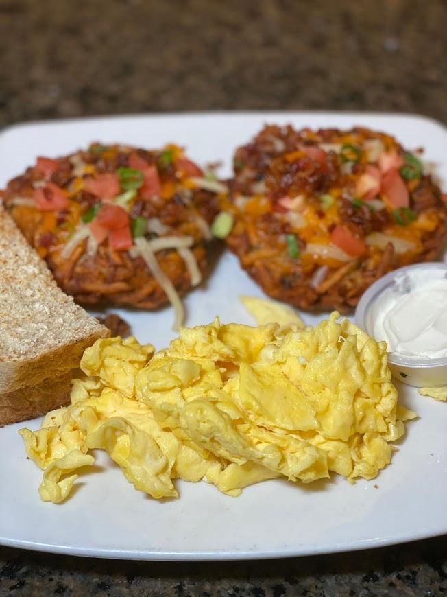Order Loaded Potato Pancake with Eggs food online from Berry Fresh Cafe store, Jupiter on bringmethat.com