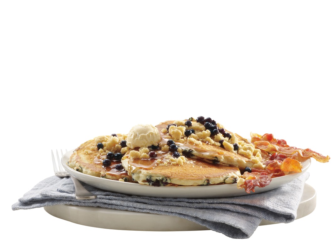Order New! Blueberry Muffin-Top Pancakes food online from Friendlys Restaurants Franchise Inc store, Pottstown on bringmethat.com
