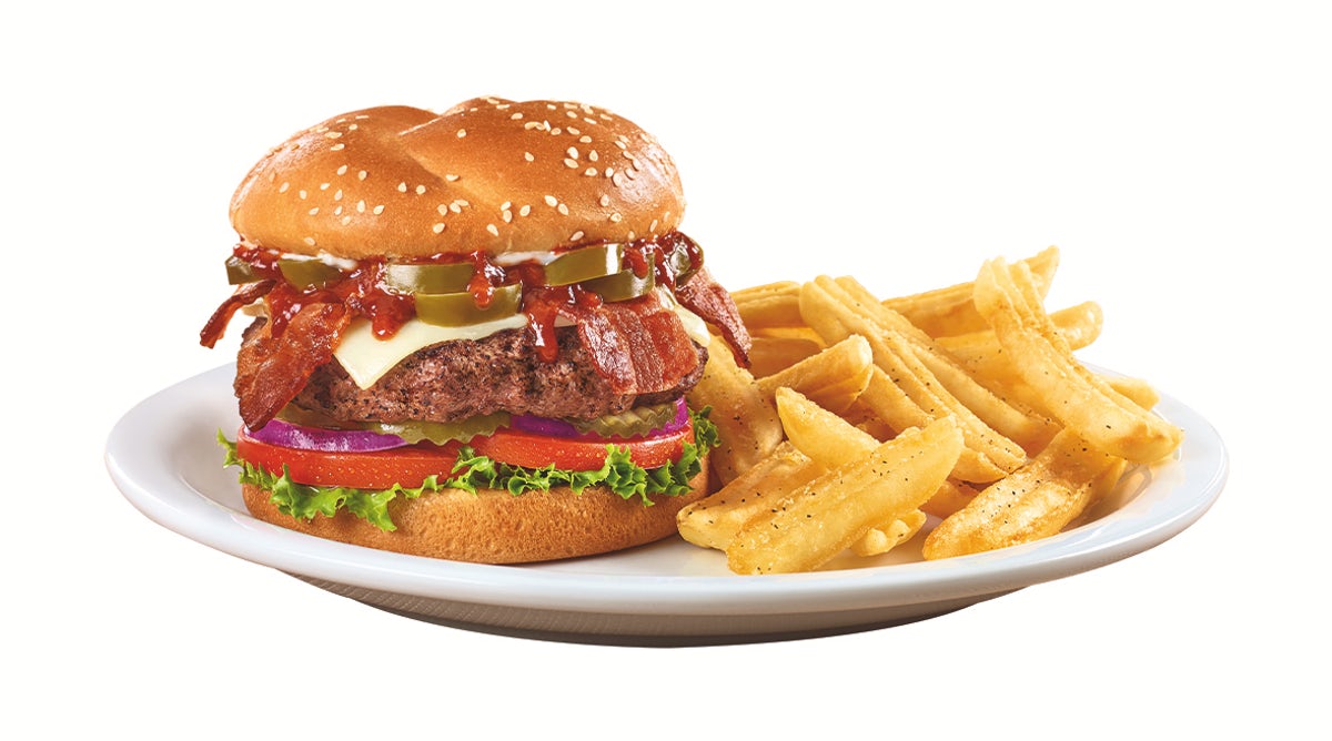 Order Flamin' 5-Pepper Burger food online from Denny's store, Thomasville on bringmethat.com
