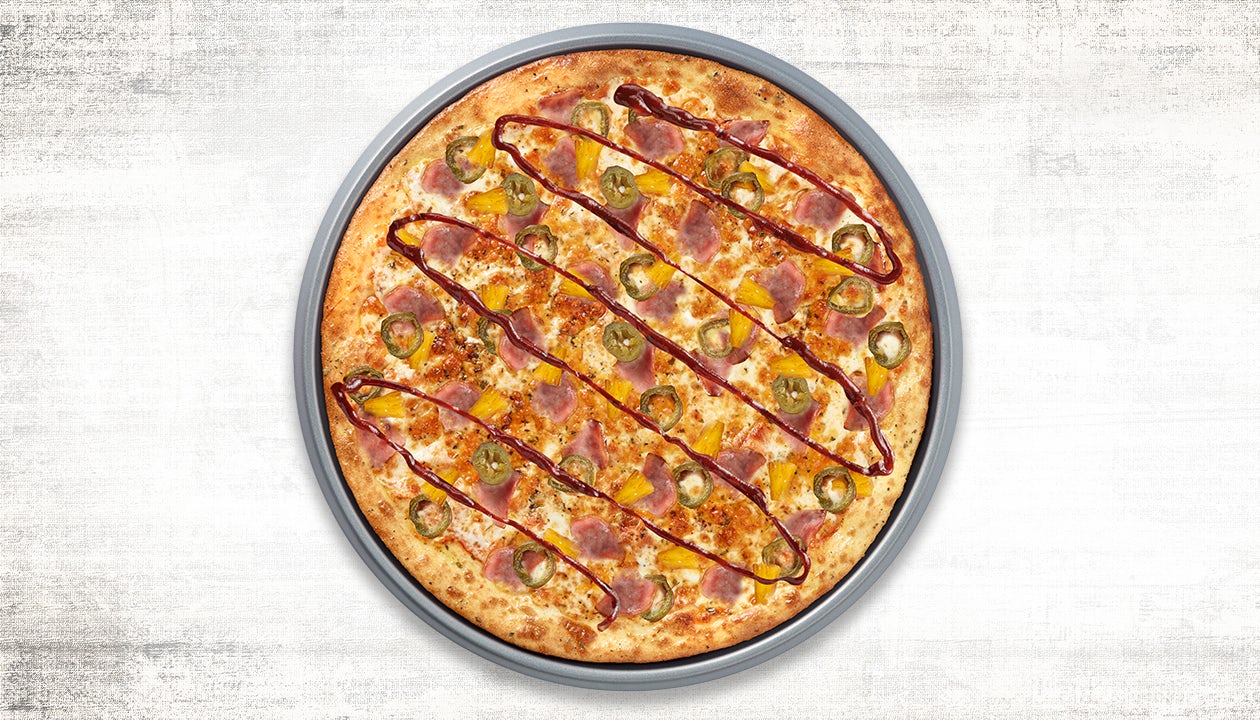 Order Flavor Up- Spicy Hawaiian drizzled with BBQ sauce Large 14" Specialty Pizza food online from Pasqually Pizza & Wings store, Altamonte Springs on bringmethat.com