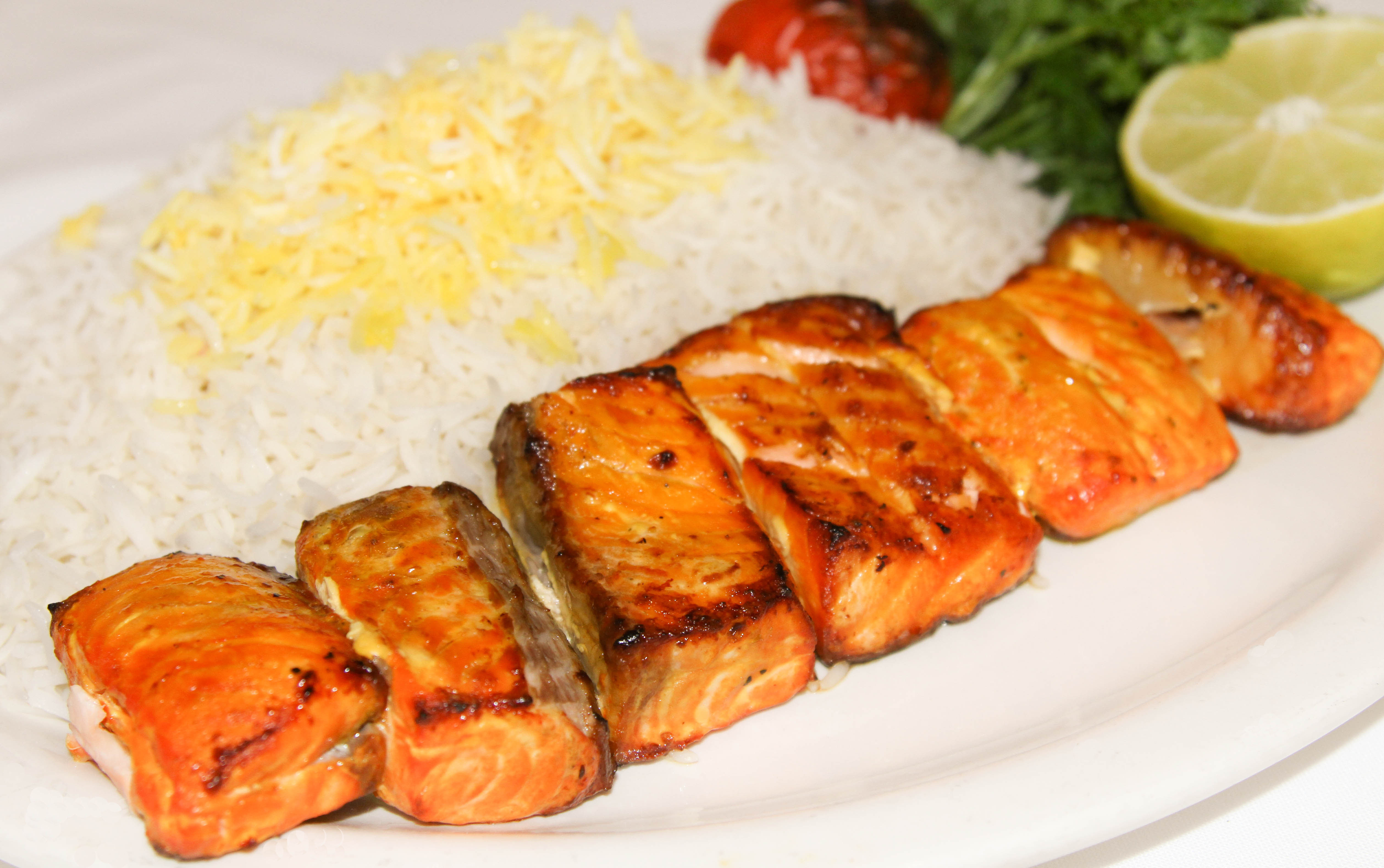 Order Salmon Fish Kabob food online from Shaherzad Restaurant store, Los Angeles on bringmethat.com