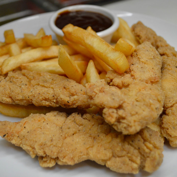 Order Sriracha Aioli Chicken Tenders with Fries food online from World Cafe store, Orlando on bringmethat.com
