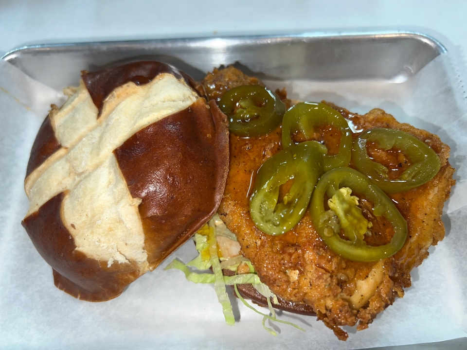 Order Fat Jack Hot Honey Chicken Sandwich food online from Burgerology Express store, Syosset on bringmethat.com