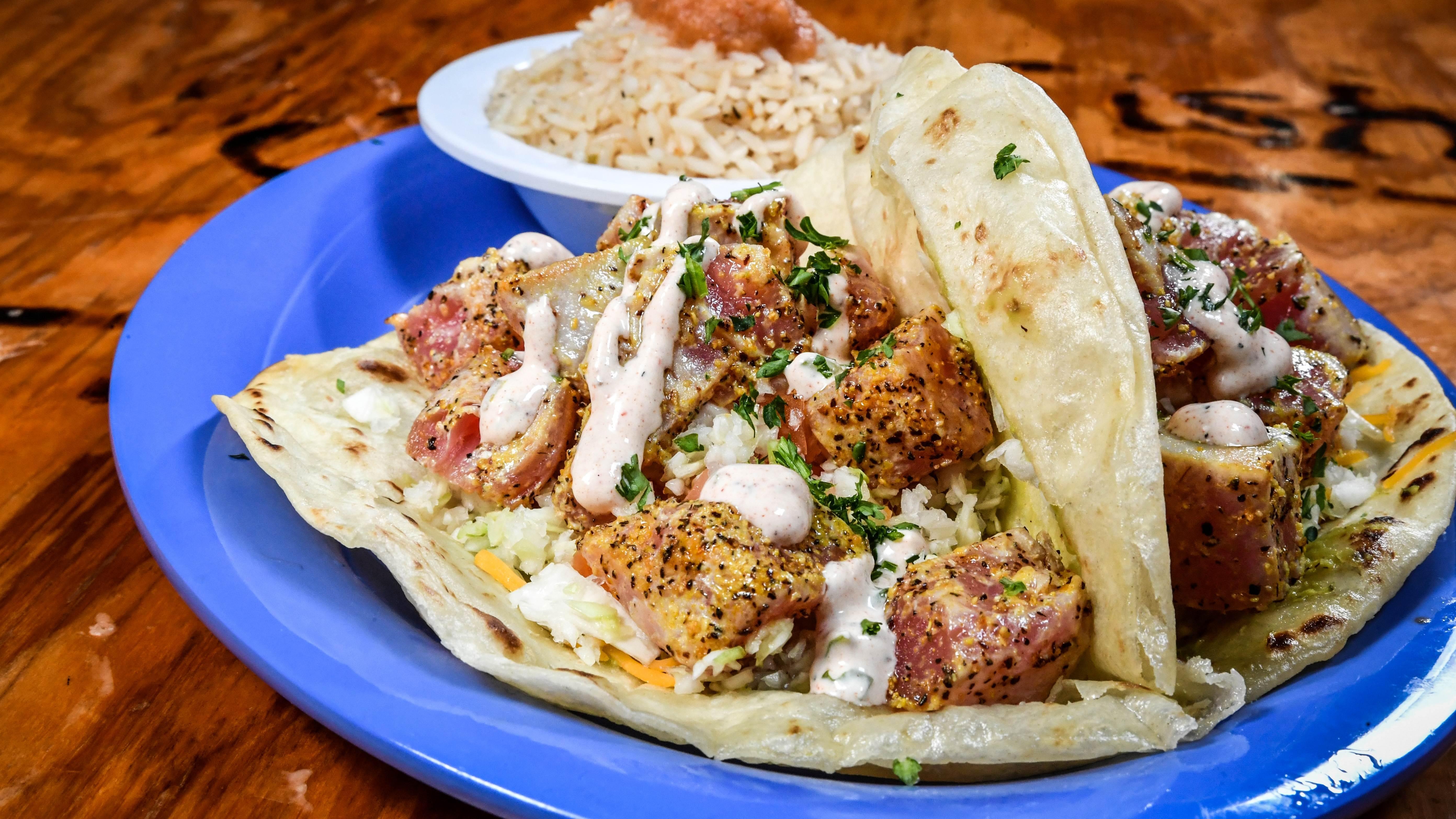 A La Grilled Lemon Pepper Tuna Taco from Cabo Fish Taco Baja Seagrill